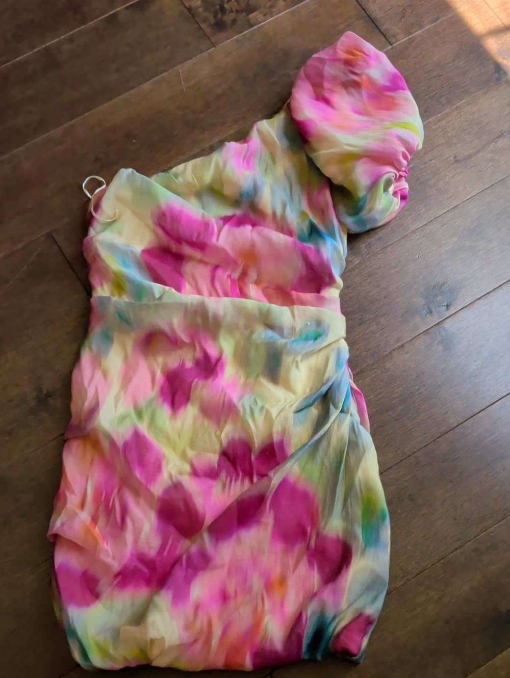 Steve Madden One-Shoulder Floral Watercolor Dress in Pink and Green‎
